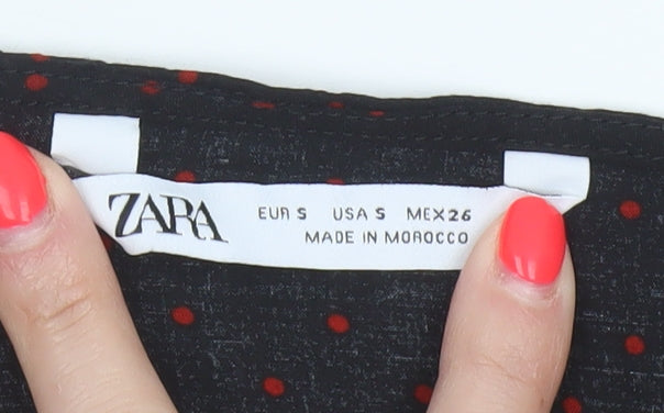 Zara Women Black Red Polka Dot Cropped V-Neck Blouse Size S