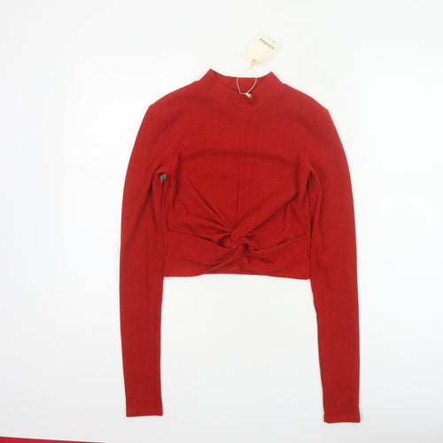 Pull&Bear Women Red S Cropped Twist Front Mock Neck Knit Top