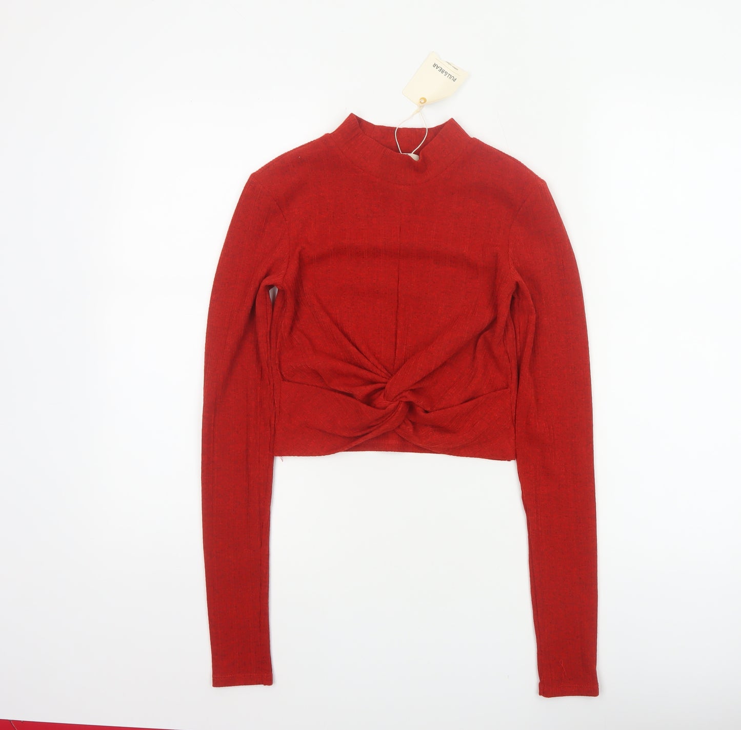 Pull&Bear Women Red S Cropped Twist Front Mock Neck Knit Top