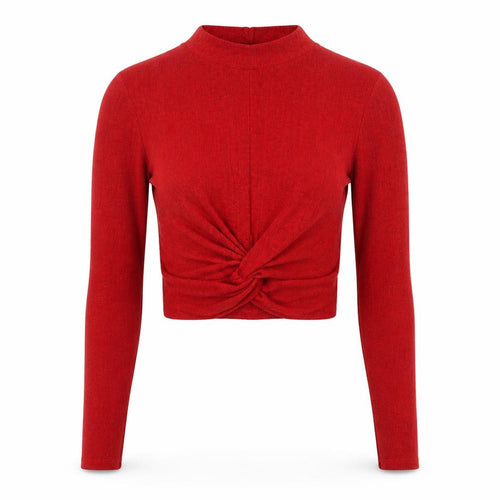 Pull&Bear Women Red S Cropped Twist Front Mock Neck Knit Top