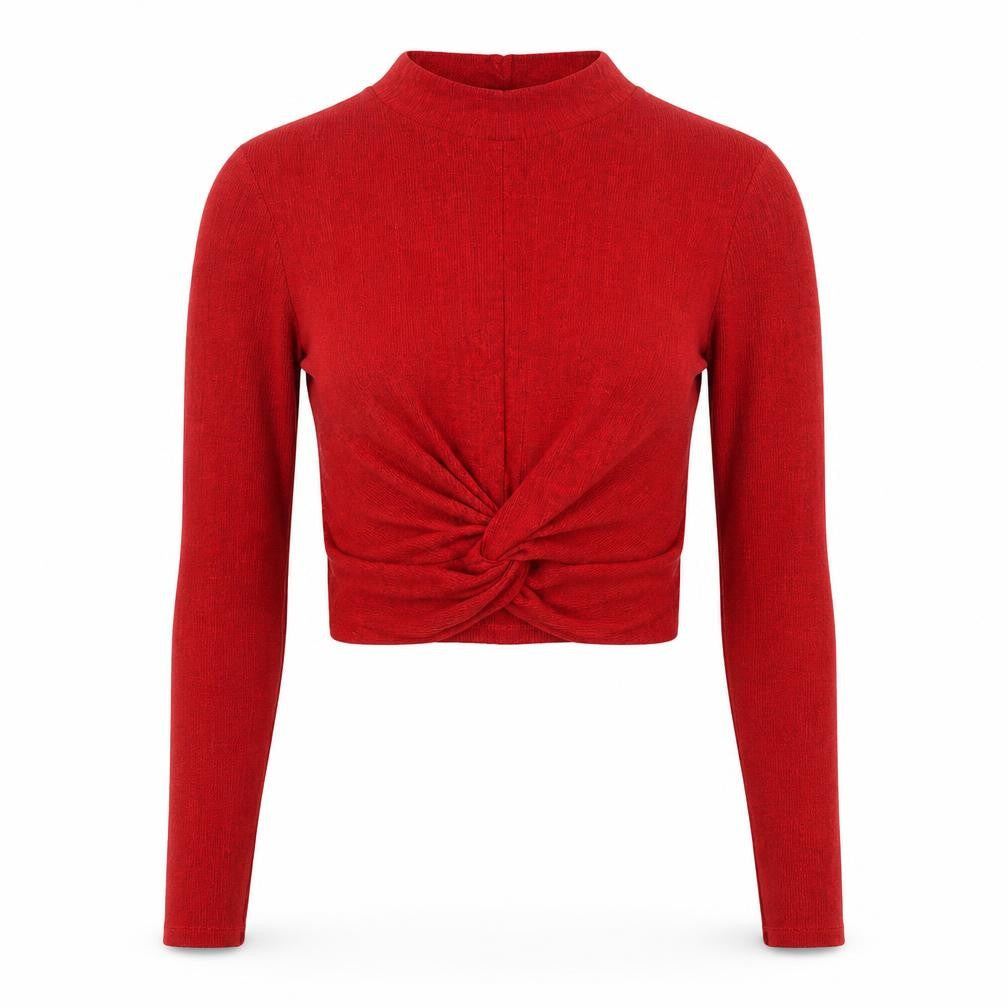Pull&Bear Women Red S Cropped Twist Front Mock Neck Knit Top