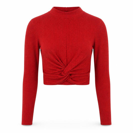 Pull&Bear Women Red S Cropped Twist Front Mock Neck Knit Top