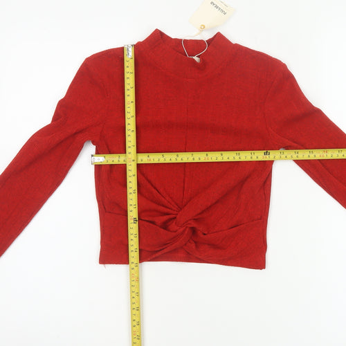 Pull&Bear Women Red S Cropped Twist Front Mock Neck Knit Top