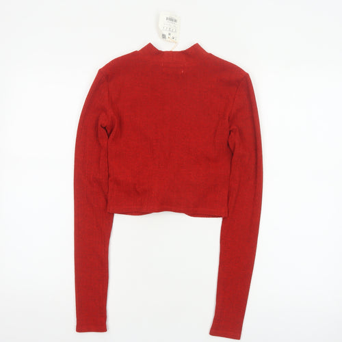 Pull&Bear Women Red S Cropped Twist Front Mock Neck Knit Top