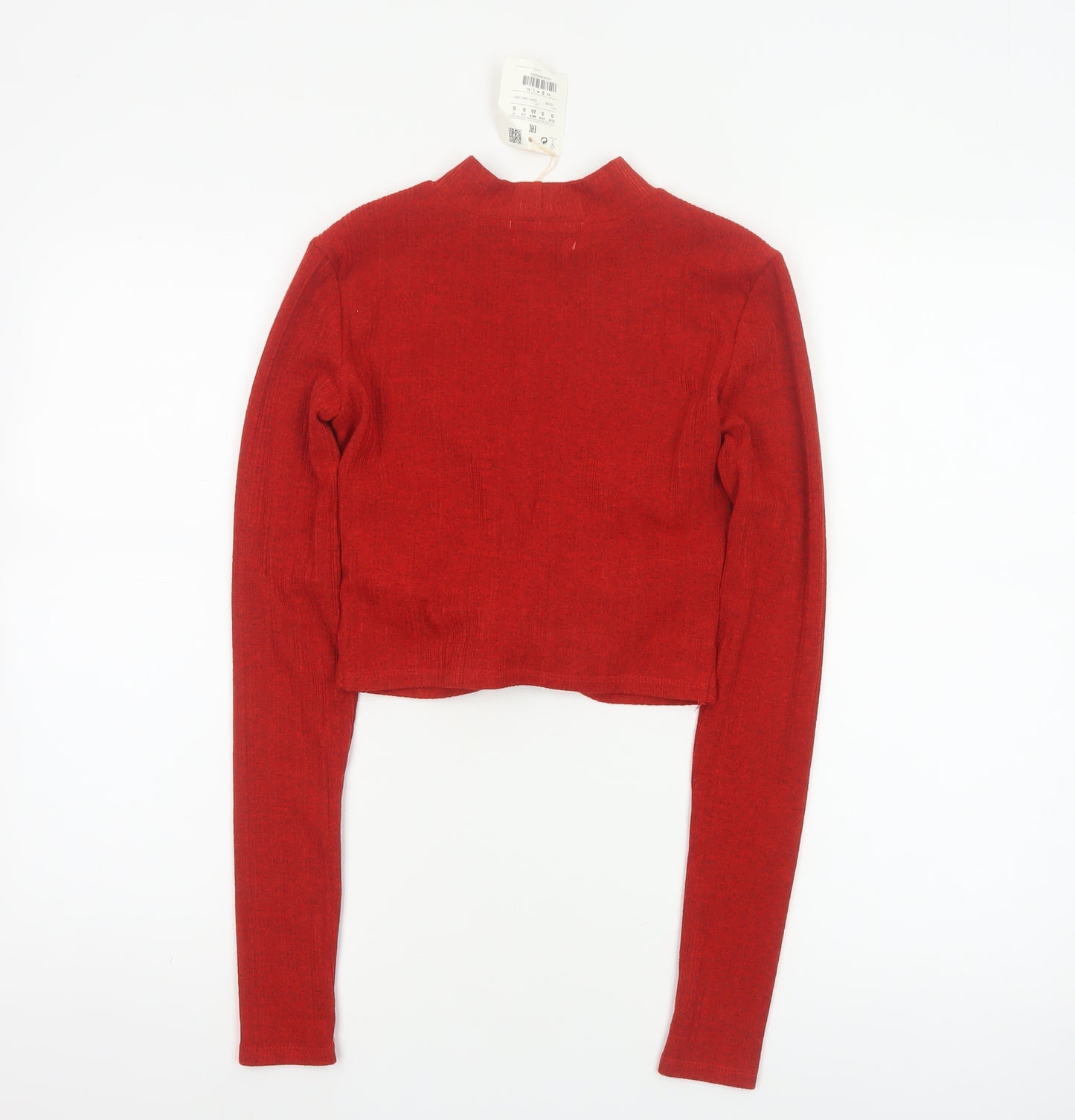 Pull&Bear Women Red S Cropped Twist Front Mock Neck Knit Top