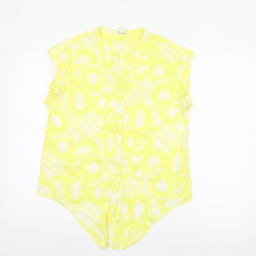 Monsoon Women Yellow UK 12 Geometric Cotton Short Sleeve Button-Up Blouse