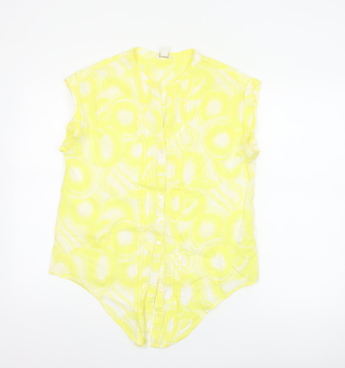Monsoon Women Yellow UK 12 Geometric Cotton Short Sleeve Button-Up Blouse