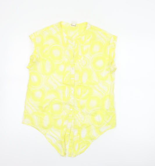 Monsoon Women Yellow UK 12 Geometric Cotton Short Sleeve Button-Up Blouse