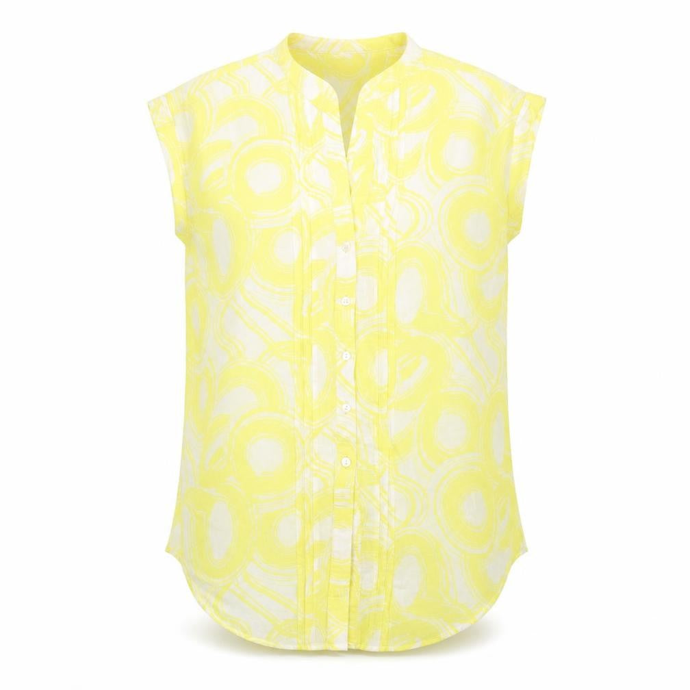 Monsoon Women Yellow UK 12 Geometric Cotton Short Sleeve Button-Up Blouse