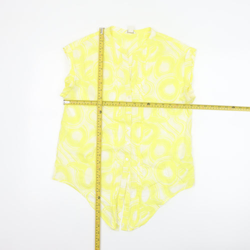 Monsoon Women Yellow UK 12 Geometric Cotton Short Sleeve Button-Up Blouse