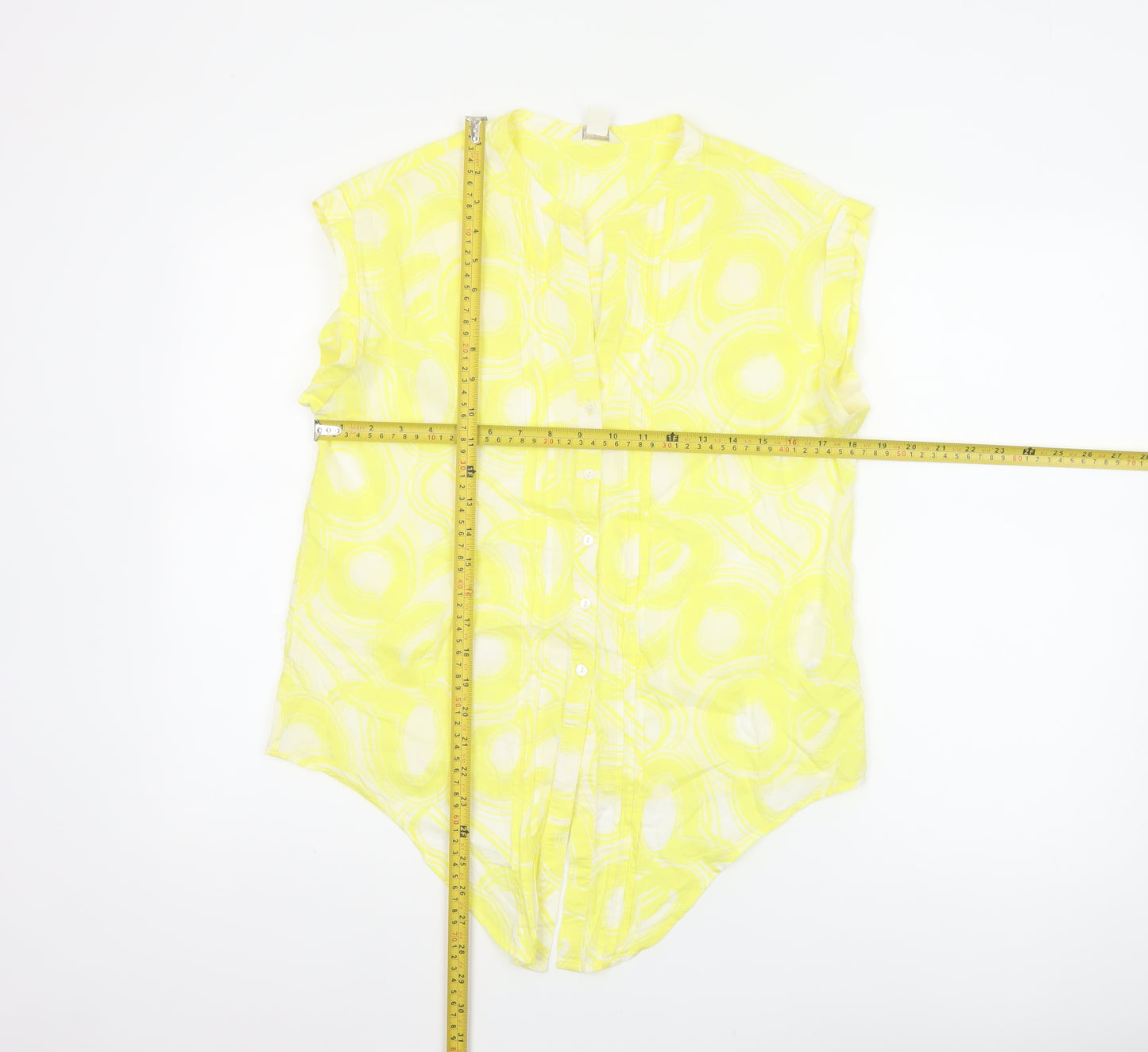 Monsoon Women Yellow UK 12 Geometric Cotton Short Sleeve Button-Up Blouse
