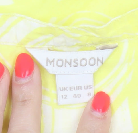 Monsoon Women Yellow UK 12 Geometric Cotton Short Sleeve Button-Up Blouse