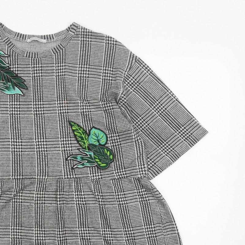 Additional view of Zara Trafaluc Women Grey Check Embroidered Tunic Blouse, size M