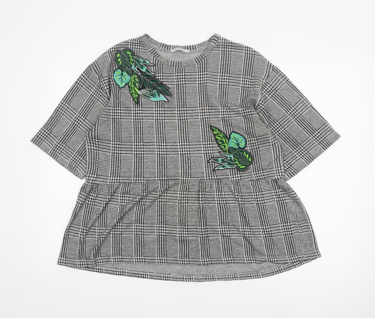 Back view of Zara Trafaluc Women Grey Check Embroidered Tunic Blouse, size M
