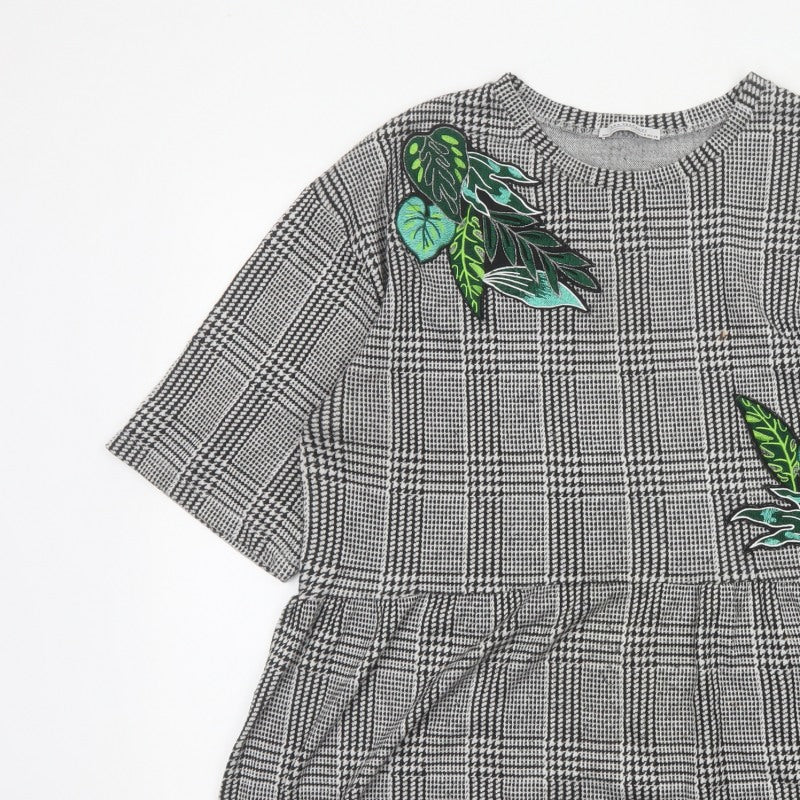Additional view of Zara Trafaluc Women Grey Check Embroidered Tunic Blouse, size M