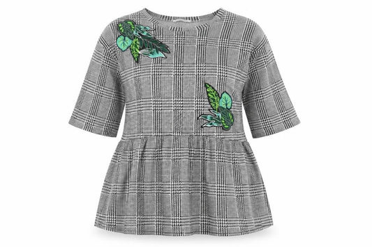 Zara Trafaluc Women Grey Check Embroidered Tunic Blouse Size M