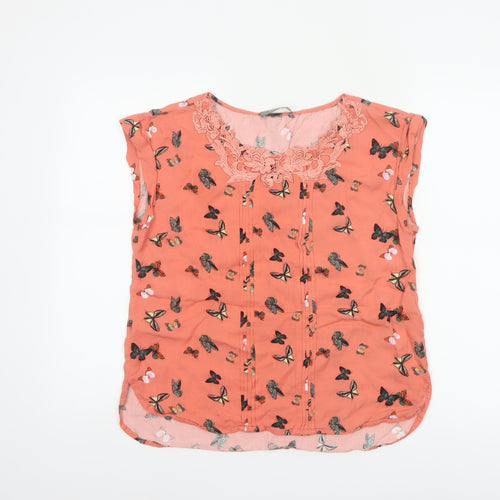 Oasis Women Orange UK 10 Butterfly Print Lace Cap Sleeve Blouse