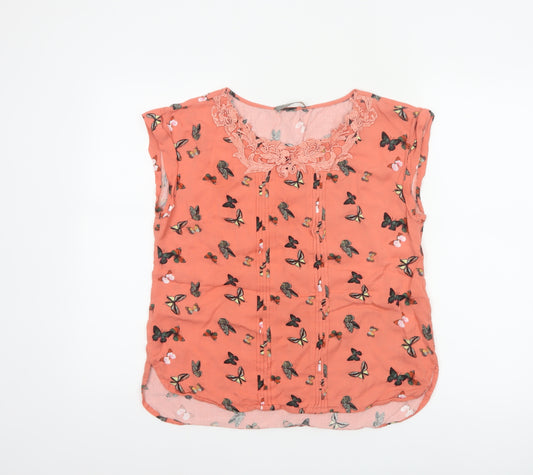 Oasis Women Orange UK 10 Butterfly Print Lace Cap Sleeve Blouse