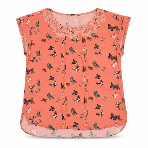 Oasis Women Orange UK 10 Butterfly Print Lace Cap Sleeve Blouse