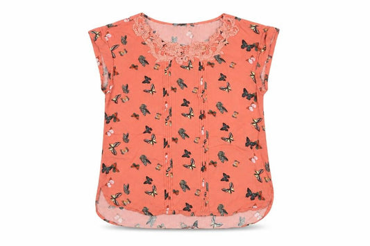 Oasis Women Orange UK 10 Butterfly Print Lace Cap Sleeve Blouse