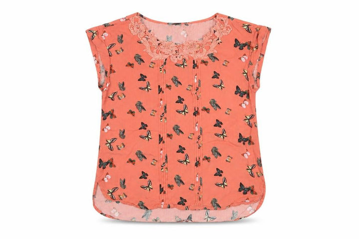 Oasis Women Orange UK 10 Butterfly Print Lace Cap Sleeve Blouse