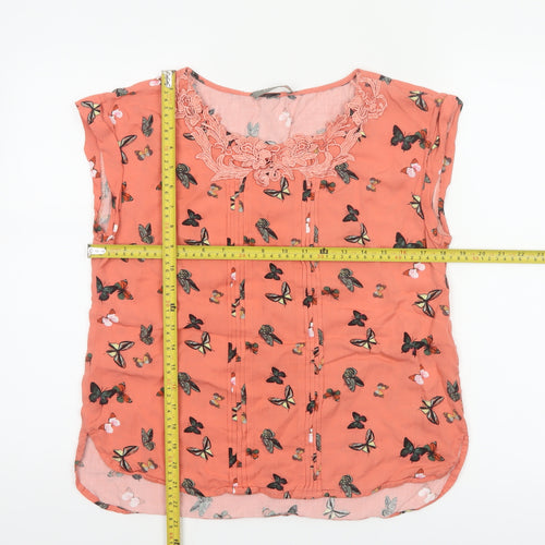 Oasis Women Orange UK 10 Butterfly Print Lace Cap Sleeve Blouse