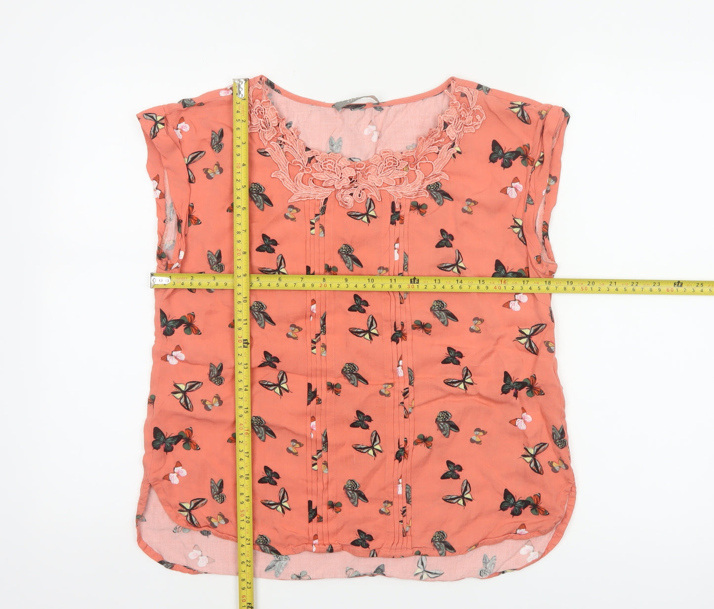 Oasis Women Orange UK 10 Butterfly Print Lace Cap Sleeve Blouse