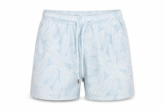 Front view of Next men’s blue leaf print swim shorts, size S, drawstring