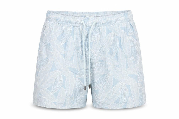 Front view of Next men’s blue leaf print swim shorts, size S, drawstring