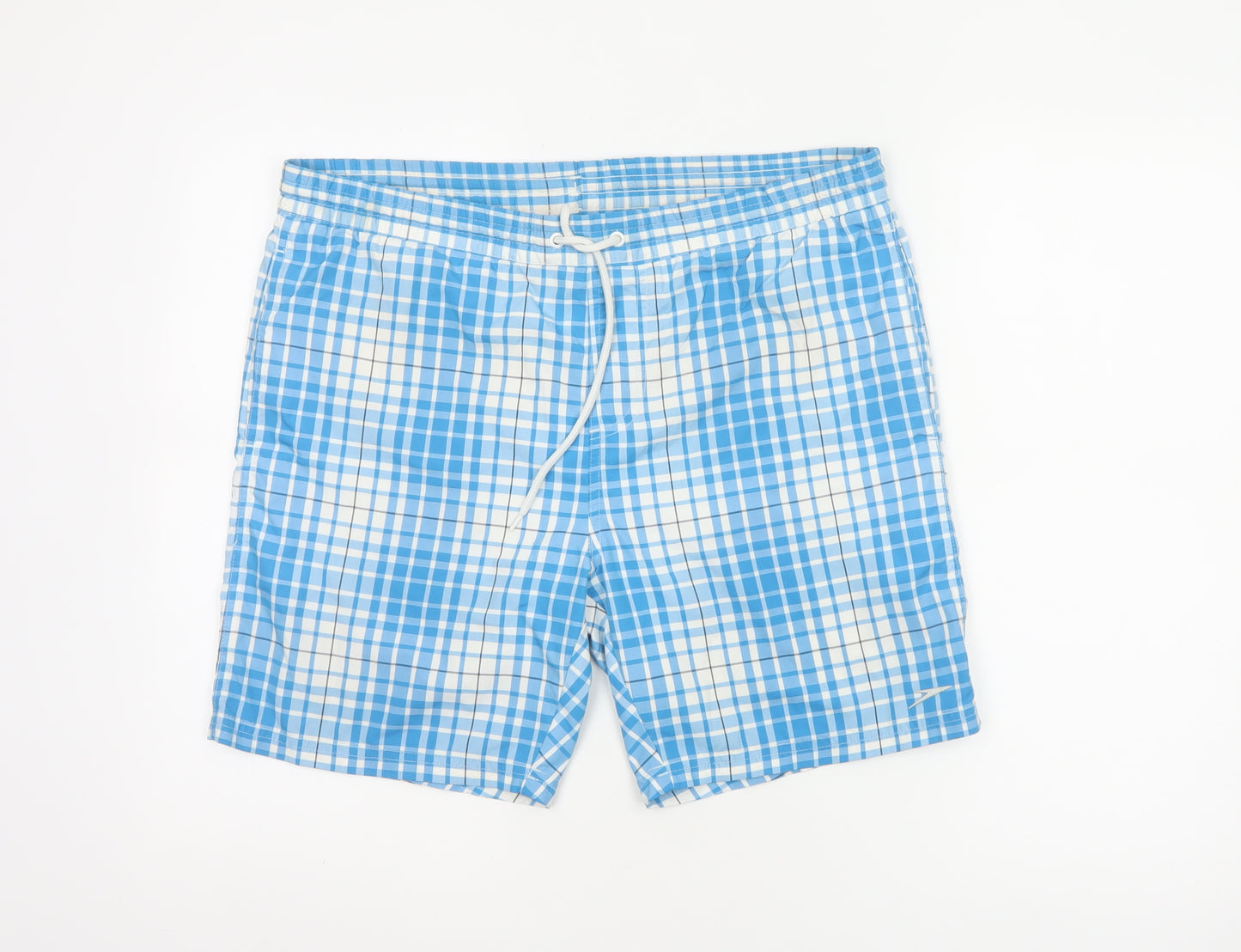 Speedo Men’s Blue Check Swim Shorts Size S Drawstring Mesh Lined