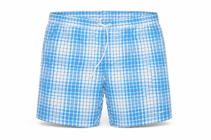 Front view of Speedo Men’s Blue Check Swim Shorts, size S, Drawstring Mesh Lined