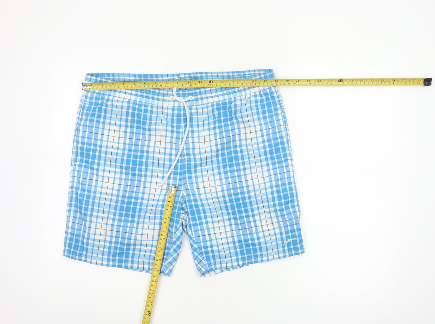 Speedo Men’s Blue Check Swim Shorts Size S Drawstring Mesh Lined