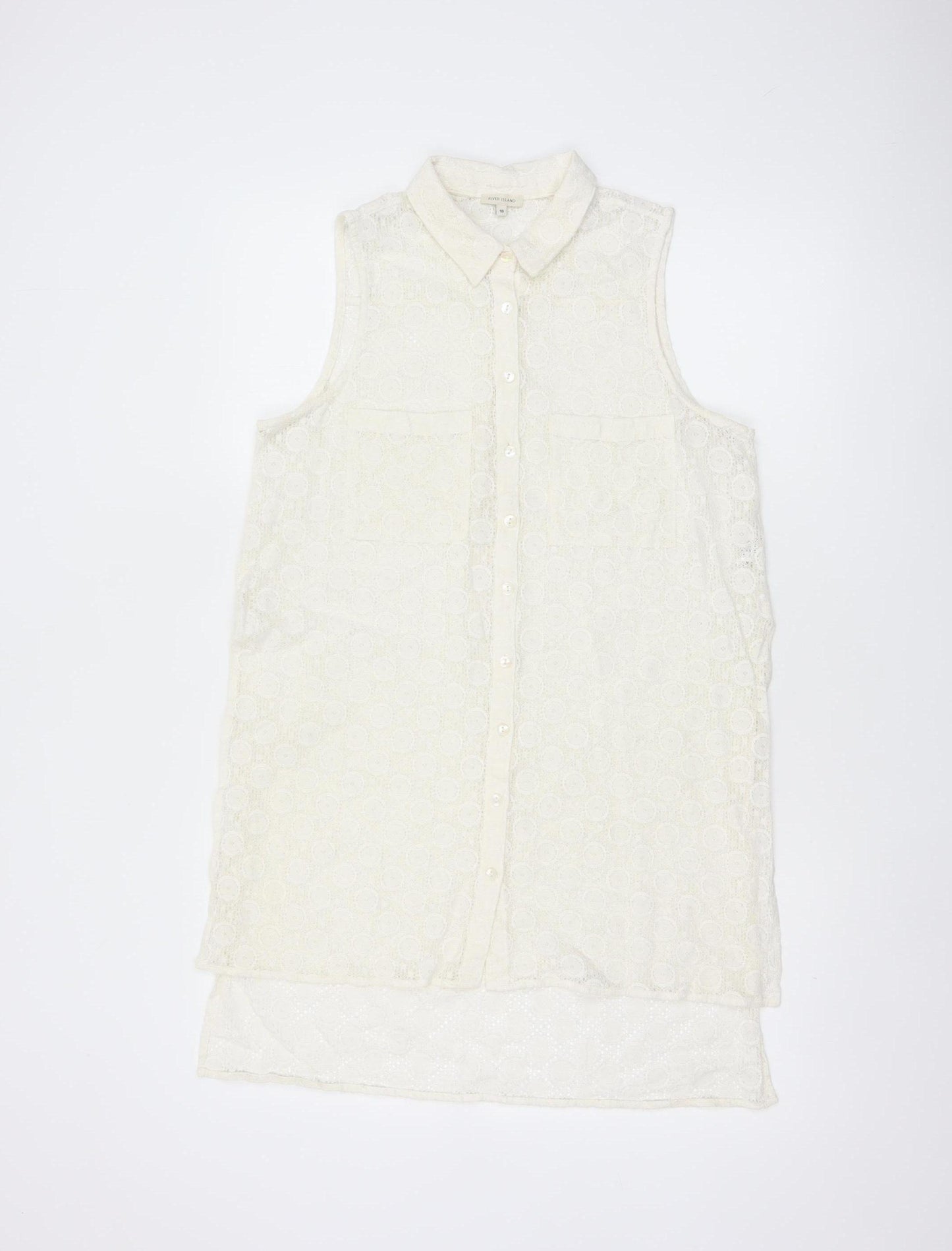 River Island Women Ivory UK 10 Sleeveless Lace Collared Button-Up Blouse
