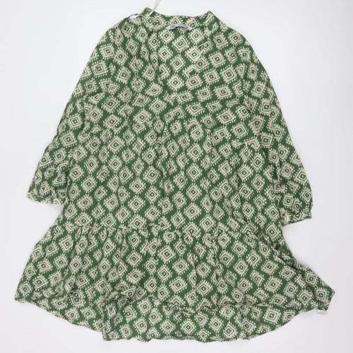 Zara Women Green Geometric Cotton A-Line Short Dress Size M