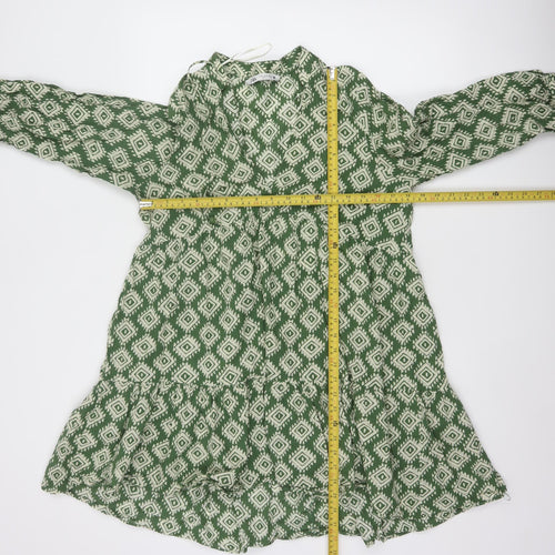 Zara Women Green Geometric Cotton A-Line Short Dress Size M