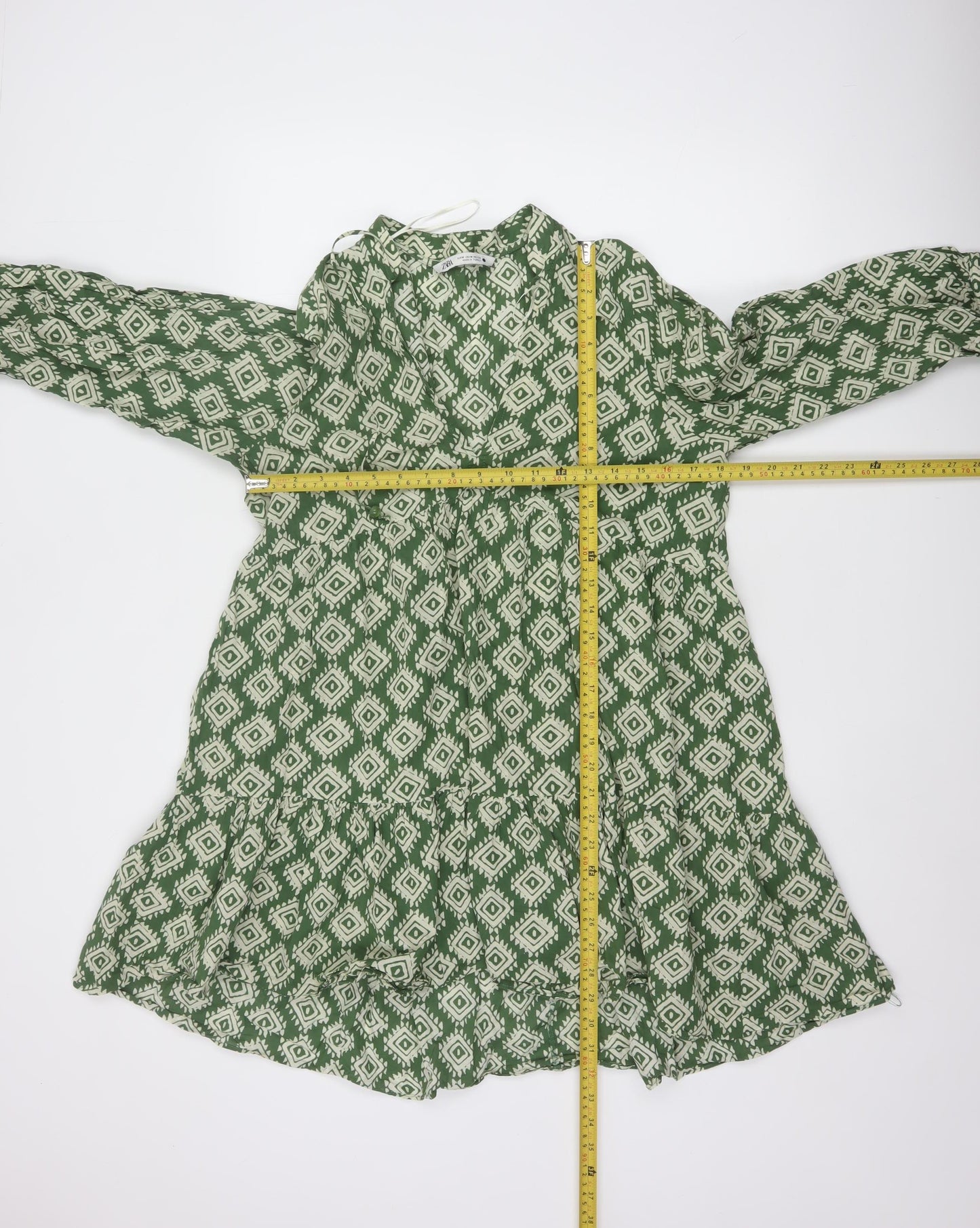 Zara Women Green Geometric Cotton A-Line Short Dress Size M