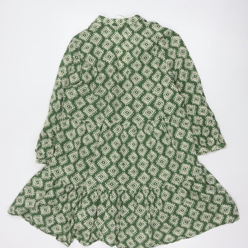 Zara Women Green Geometric Cotton A-Line Short Dress Size M