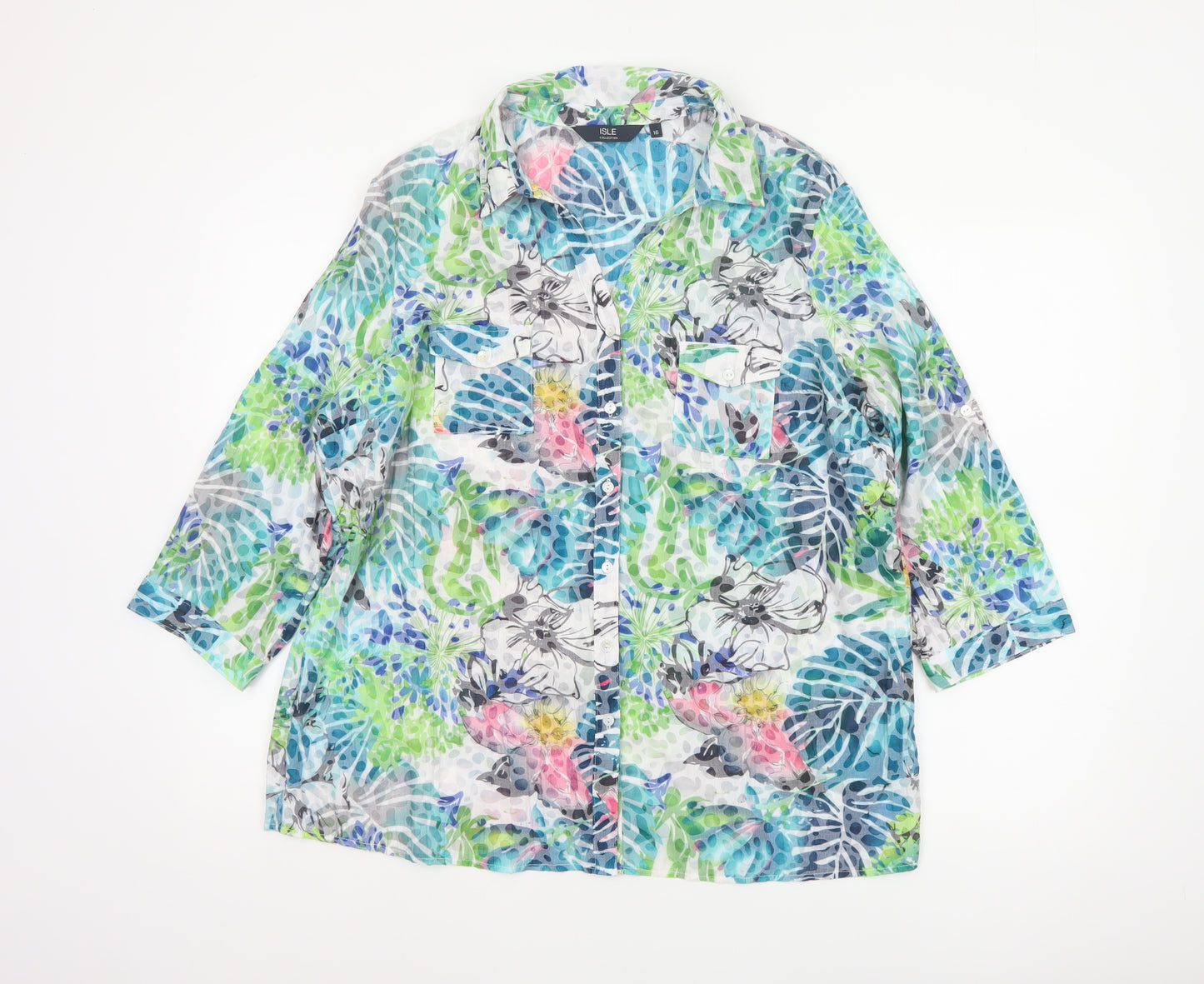 Isle Collection Women Multicoloured UK 16 Floral 3/4 Sleeve Shirt