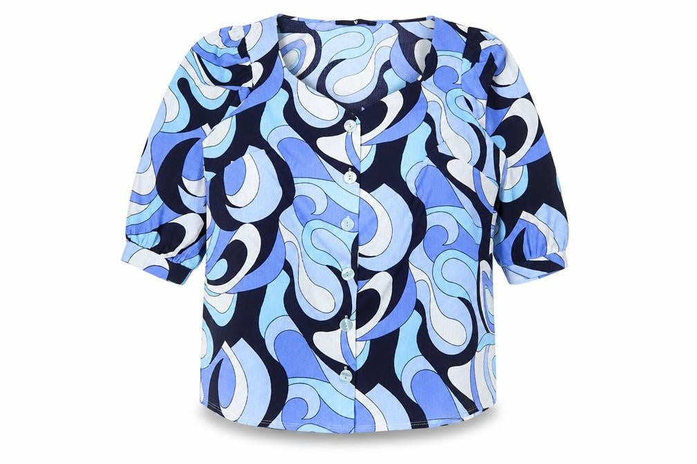Front view of Very Women’s Blue Geometric Print Button Blouse, size UK 16, 3/4 Sleeve
