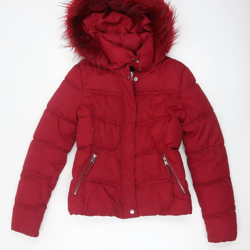 Bershka Women Red Size S Puffer Jacket Hooded Faux Fur Trim