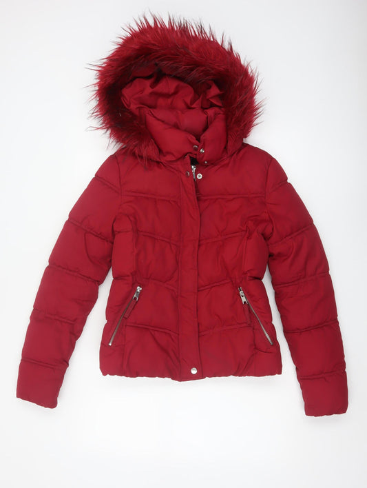 Bershka Women Red Size S Puffer Jacket Hooded Faux Fur Trim
