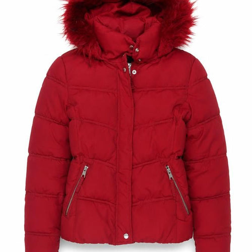 Bershka Women Red Size S Puffer Jacket Hooded Faux Fur Trim