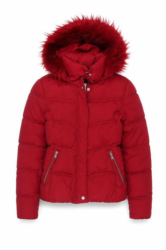 Bershka Women Red Size S Puffer Jacket Hooded Faux Fur Trim