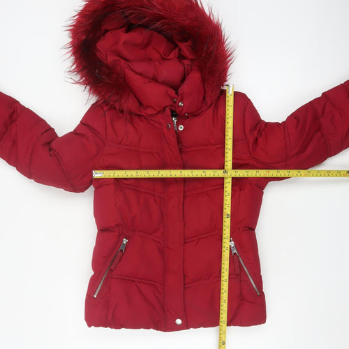 Bershka Women Red Size S Puffer Jacket Hooded Faux Fur Trim