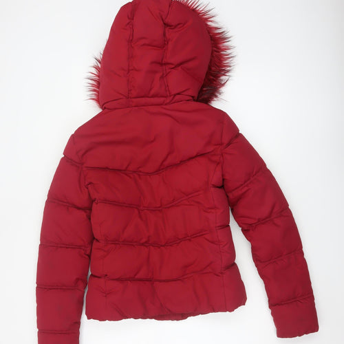 Bershka Women Red Size S Puffer Jacket Hooded Faux Fur Trim