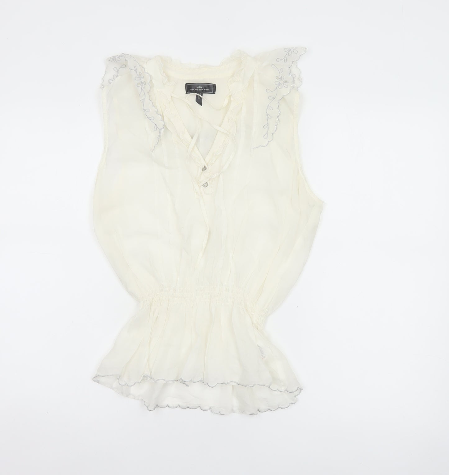 River Island Women Ivory UK 12 Floral Ruffle V-Neck Tunic Blouse