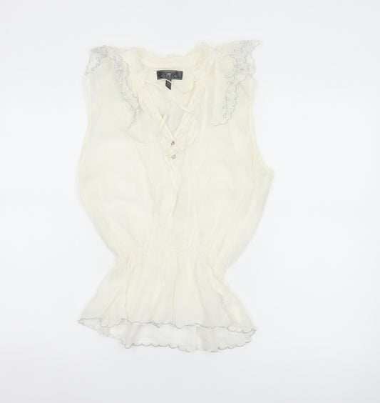 River Island Women Ivory UK 12 Floral Ruffle V-Neck Tunic Blouse