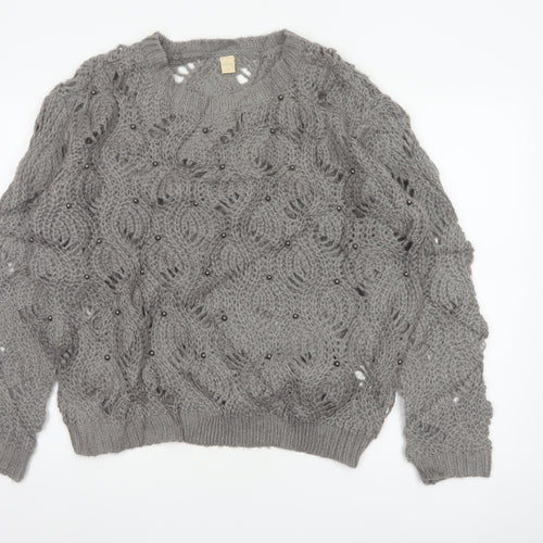Marfinno Women’s Grey L Cable Knit Beaded Crew Neck Jumper