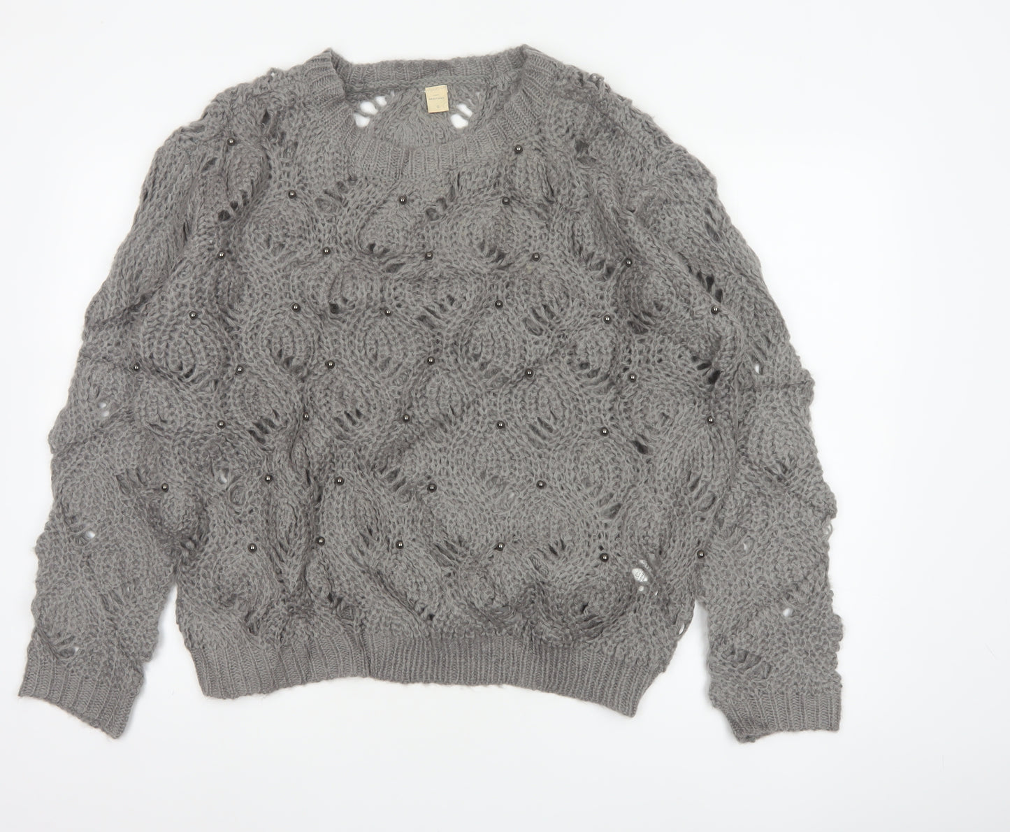 Marfinno Women’s Grey L Cable Knit Beaded Crew Neck Jumper