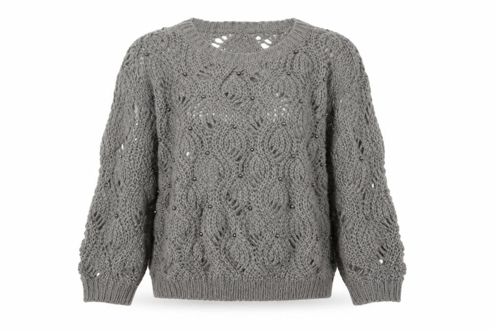 Front view of Marfinno Women’s Grey L Cable Knit Beaded Crew Neck Jumper